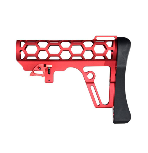 MCS Gen 3 Skeletonized 223/5.56/308 Buttstock for 6 Position Mil Spec Tubes, Red Anodized Aluminum With Pad  MCS Gen 3 Skeletonized 223/5.56/308 Buttstock for 6 Position Mil Spec Tubes, Red Anodized Aluminum With Pad