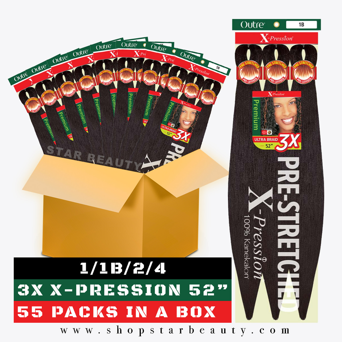 [BOX DEAL] Outre Braids 3X X-Pression Kanekalon Pre Stretched Braid 52" (55 packs/box)