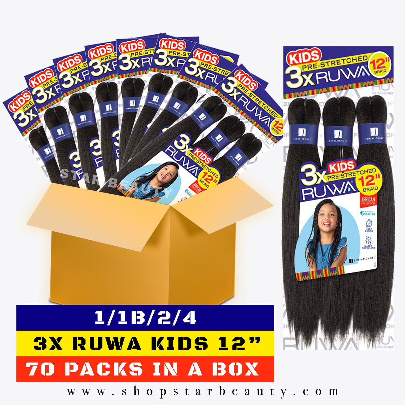 [BOX DEAL] SENSATIONNEL Ruwa 3X Pre-Stretched Kids Braid 12" (70 packs/box)