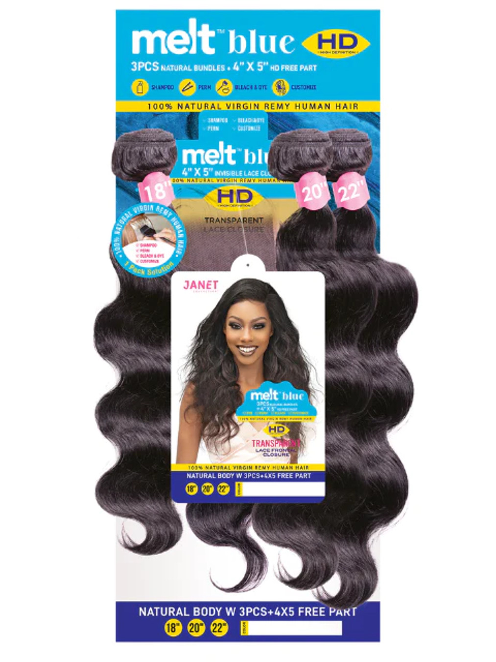 JANET COLLECTION Melt Blue 100% Human Hair NATURAL BODY Weave 3pcs + 4x5 Free Part Closure Multi Pack