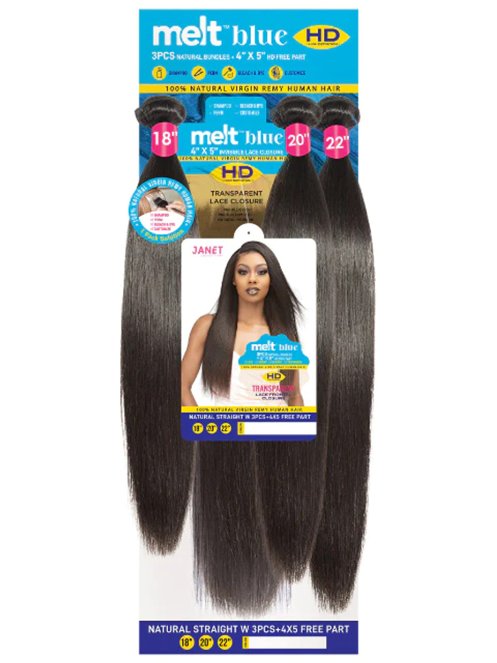 JANET COLLECTION Melt Blue 100% Human Hair NATURAL STRAIGHT Weave 3pcs + 4x5 Free Part Closure Multi Pack