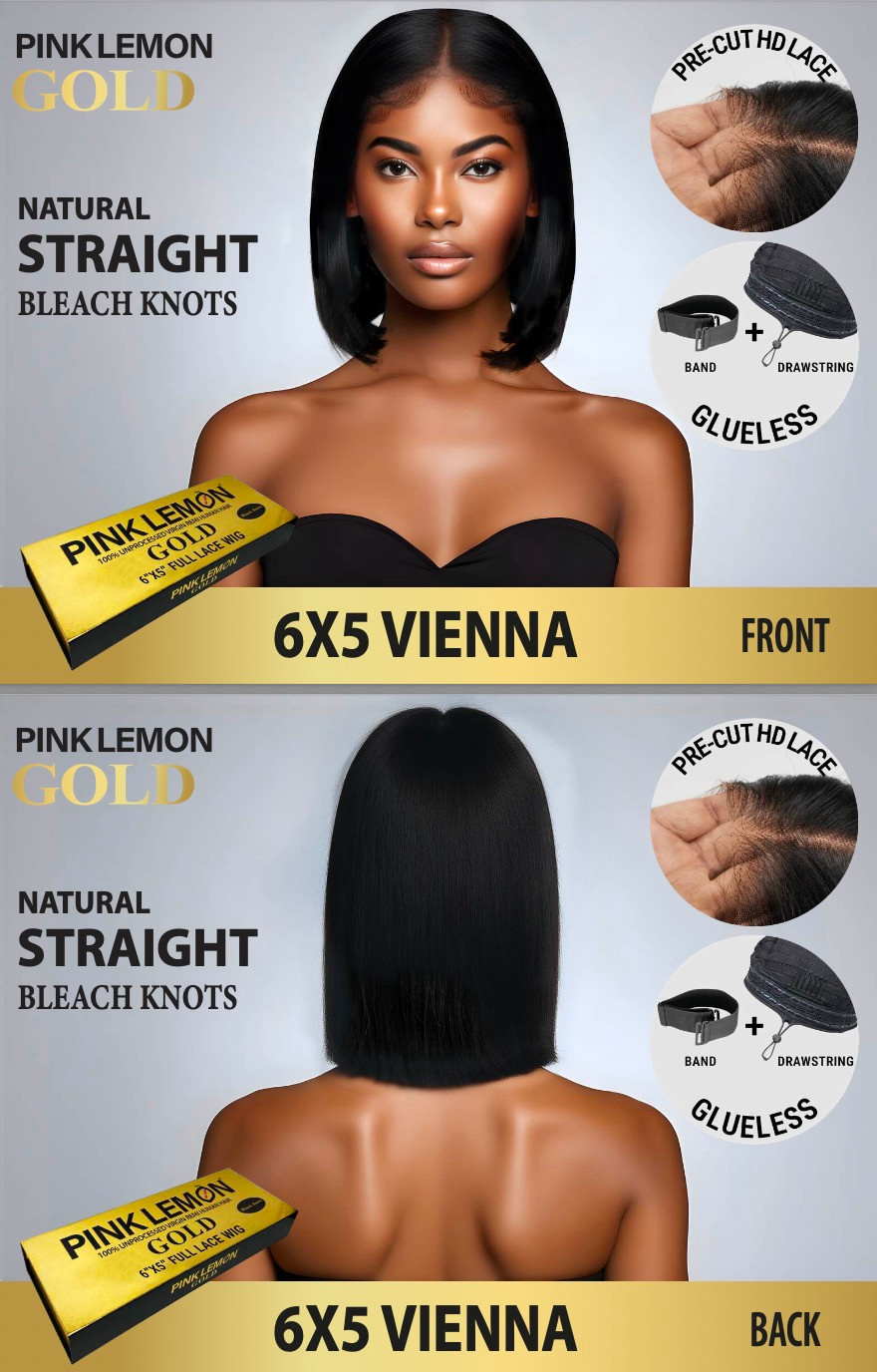 15A PINK LEMON GOLD 100% Human Hair 6X5 Lace Front Wig - VIENNA