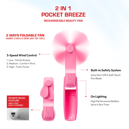 RED Portable Mini 2-in-1 Pocket Breeze Beauty Fan
