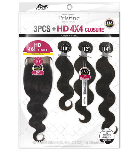 MANE CONCEPT 100% Human Hair Pristine 3 Bundles + HD 4x4 Closure - Body Wave (Natural)