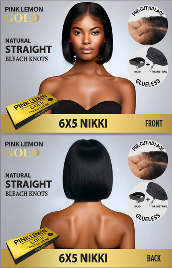 15A PINK LEMON GOLD 100% Human Hair 6X5 Lace Front Wig - NIKKI (Natural)