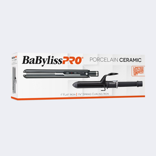 BaBylissPRO Porcelain Ceramic Straightening Iron 1" & Spring Curling Iron 1-1/4" Combo