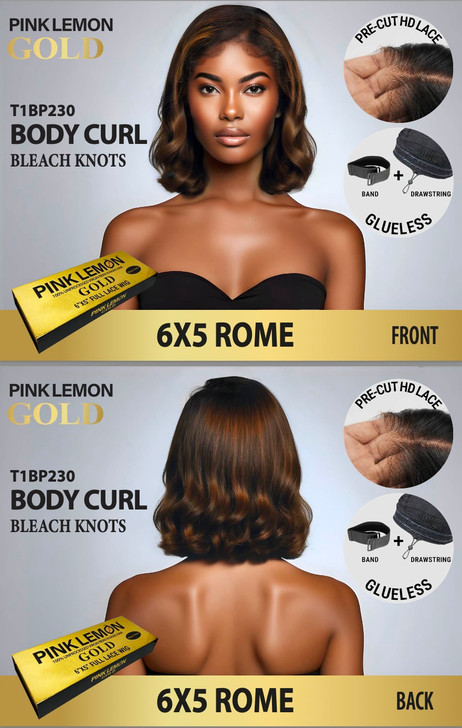 15A PINK LEMON GOLD 100% Human Hair 6X5 Lace Front Wig - ROME (T1B/P2/30)
