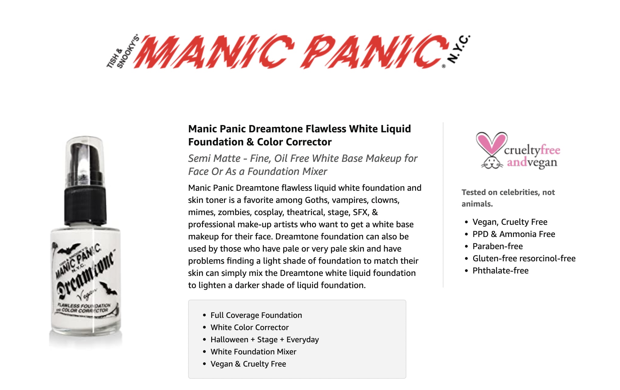  MANIC PANIC Dreamtone White Liquid Foundation Bundle with  Black Raven Body & Face Paint Makeup, and White Pressed Powder : Beauty &  Personal Care