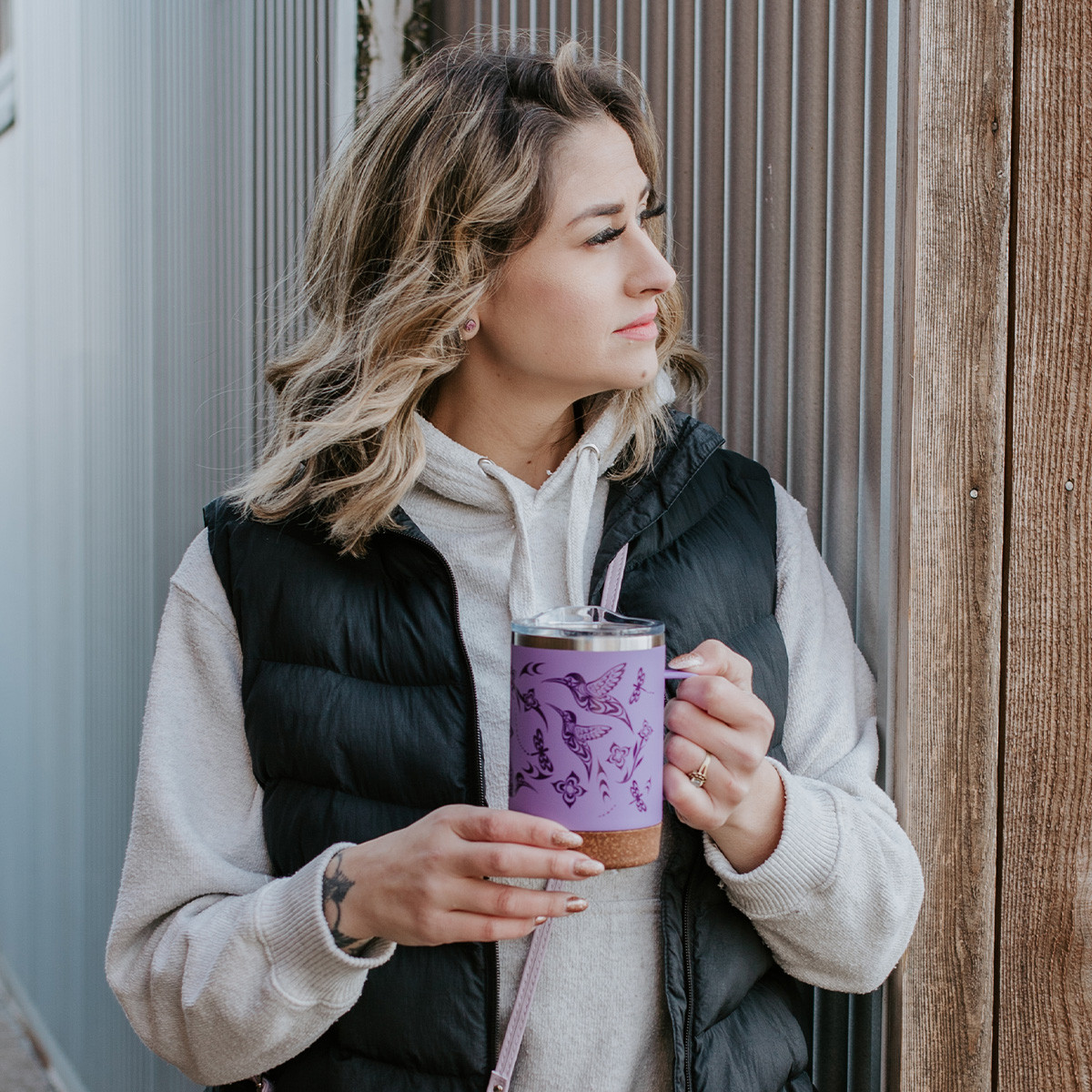 Cork Base Travel Mugs with Handle (16oz) - Hummingbird, Simone