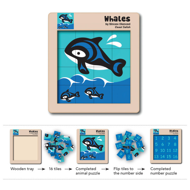 Double-Sided Wooden Tile Puzzle - Whales