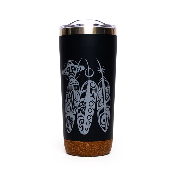 Cork Base Travel Mug - Salmon Life Cycle  (Feathers) - 20 oz