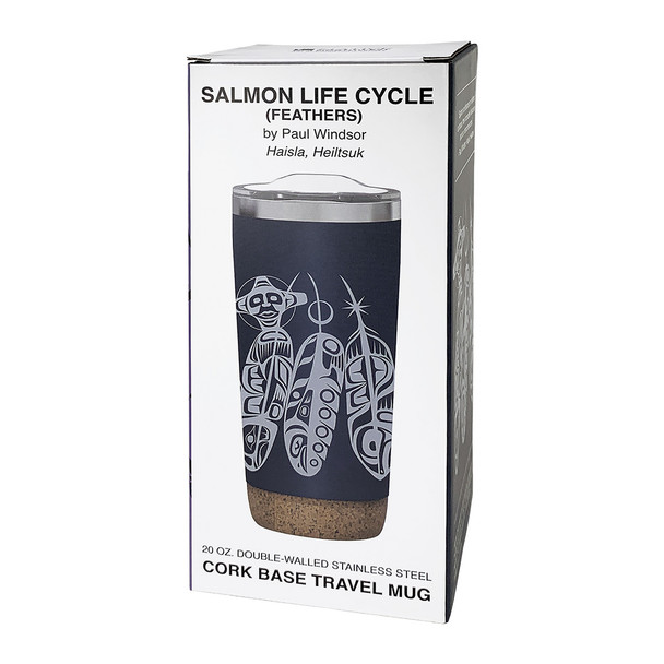 Cork Base Travel Mug - Salmon Life Cycle  (Feathers) - 20 oz