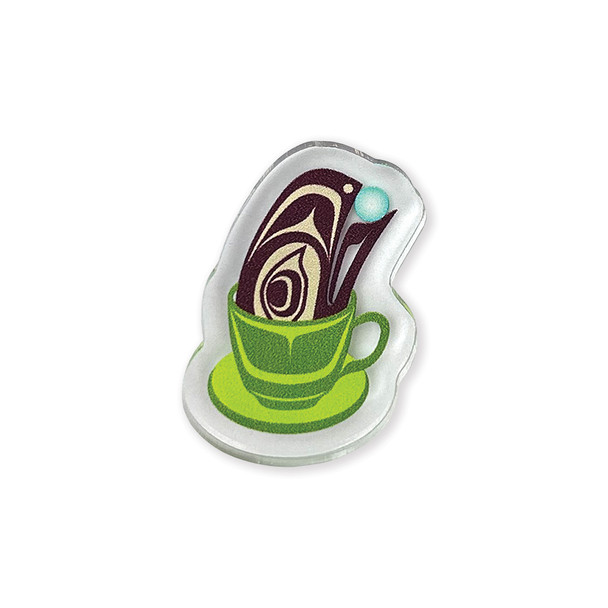 Acrylic Pin - Raven Steals the Light in a Coffee Mug