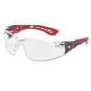 Rush+ Series Safety Glasses, Clear Polycarbonate Lenses, Red/Grey Temple