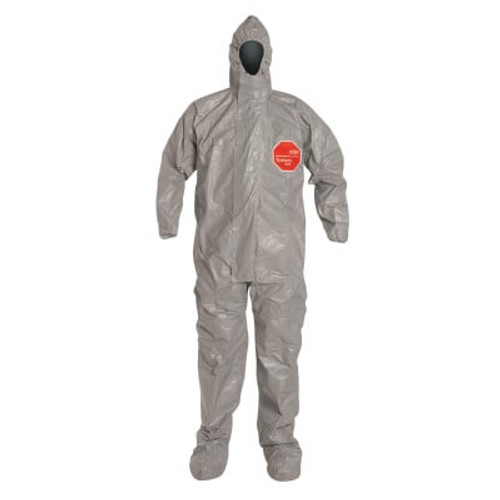 Tychem F Coverall,Respirator Fit Hood;Elastic Wrists;Attached Socks,Gray,2XL