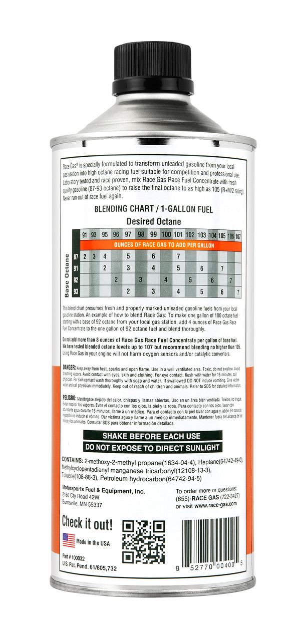 RACE-GAS Race Fuel Concentrate 100 to 105 Octane , 32oz Can - Hawks ...