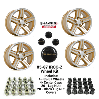 1982-1992 Camaro Firebird 17x9 Gold 1985-1987 IROC-Z Wheel Kit, Set of 4, Includes Center Caps and Lug Nuts, Hawks Restoration Parts HT179IROCZGOLD-85-KIT