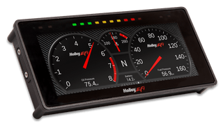 Holley EFI 6.86 inch Pro Dash
Part number 553-112
Universal fit digital dash display
6.86 inch diagonal viewing area
1280x480 high-resolution display
Full-color capacitive touch screen
Low-glare, high-brightness, high-contrast screen
Plug-and-play display support for Holley Dominator, HP, Terminator X, Terminator X Max, and Sniper EFI systems
Not compatible with Sniper 2 EFI systems
Capable of monitoring up to 238 real-time data values depending on system setup
Programmable gauge and indicator screens
10 default background skins preloaded
Custom layout and background import capability
Quickly swipe between multiple active screens
Virtual switch panel feature
Manual or auto-brightness control
Built-in GPS with odometer function
GPS antenna included
On-screen datalog playback
Expandable storage through USB
USB keyboard and mouse functionality for faster layout setup
User-definable channel alarms and warnings
Integrated 10-LED programmable shift light
Four additional programmable warning LEDs
13 multi-configurable inputs through the 34-pin connector
Four ground-switched outputs for auxiliary control functions
Weather-resistant aluminum housing
Surface or flush mounting capability
Four 10-32 mounting holes
Dash weight: approximately 1.2 lb
UPC: 090127072790