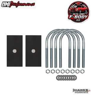 1967-1981 Camaro Firebird and Trans Am satin-black aluminum rear leaf-spring lowering-block set with U-bolts, UMI-2621