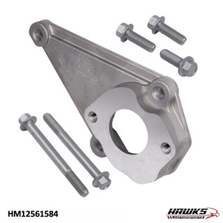 Triangular LS1 power-steering bracket shown beside five mounting bolts in the product gallery.
