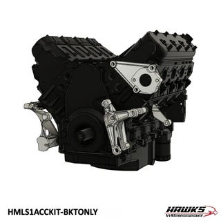 Illustration of LS1 front accessory brackets on an engine, showing the alternator, support and power-steering mounting locations.