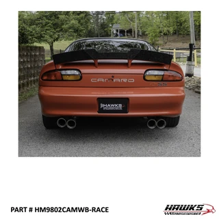 HM9802CAMWB-RACE Race wickerbill for 1998-2002 Camaro SS: rear view of Race extension installed on an orange Camaro SS.