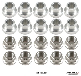 Titanium shank-style wheel lug nut and aluminum spacer detail for compatible drag wheels