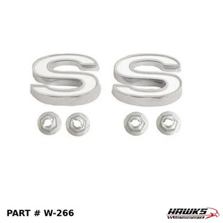 Front view of 1969-1972 Camaro SS stud-mount chrome and white front fender emblem set W-266
