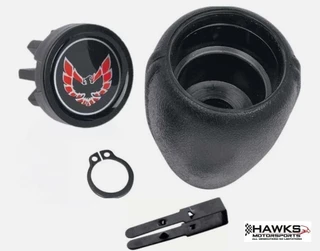 True complete shifter knob set. Includes knob, button with emblem, c clip and button to knob slide clip. For 1970 - 1981 Trans Am or Firebird