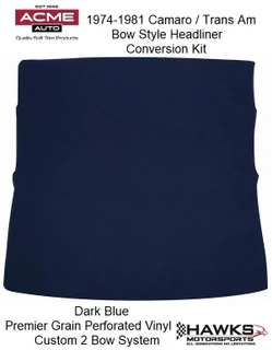 Key Features

    Converts the molded board-style headliner to a suspended bow system
    Dark Blue Premier Perforated Vinyl
    Acme material code PRP1183
    Eliminates the original cardboard and foam-backed headliner assembly
    Avoids dependence on deteriorating foam backing
    Includes two metal headliner bows
