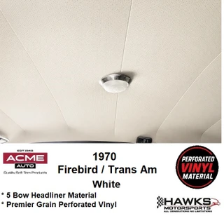 1970 Firebird Esprit Formula Trans Am White Premier Perforated Vinyl 5-Bow Headliner with Sun Visor Material, Acme 70-1513-PRP1181 