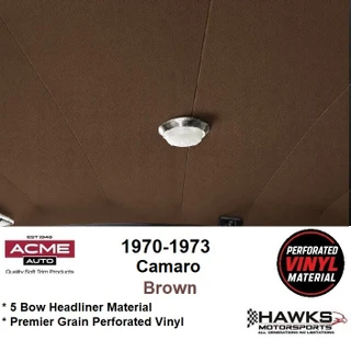 Key Features
Tailored five-bow suspended headliner
Brown Premier Perforated Vinyl
Acme material code PRP1185
Camaro-specific 70-1413 headliner pattern
Alternate Acme catalog number 70-1413-33P
Manufactured using an original factory-style pattern
Pre-sewn listings for the five original bows