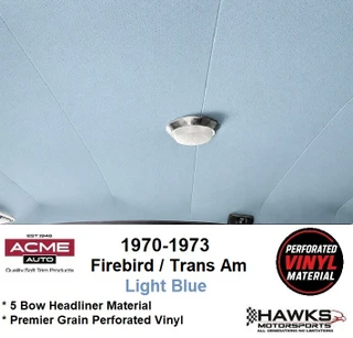 Key Features
Tailored five-bow suspended headliner
Light Blue Premier Perforated Vinyl
Acme material code PRP1182
Firebird-specific 70-1513 headliner pattern
Five pre-sewn bow listings
Model-specific original-style pattern