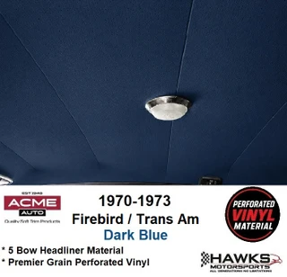 Key Features
Tailored five-bow suspended headliner
Dark Blue Premier Perforated Vinyl
Acme material code PRP1183
Firebird-specific 70-1513 pattern
Alternate Acme catalog number 70-1513-39P
Original factory-style pattern, fit and finish