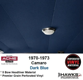 Fits 1970-1973 Chevrolet Camaro two-door hardtop models
Factory-style five-bow suspended headliner design
Dark blue Premier Perforated Vinyl
Acme color and material code PRP1183
Includes matching material for recovering the existing sun visors
Pre-sewn replacement headliner
Designed to follow the original Camaro roof contours
Reuses the vehicle’s original metal headliner bows