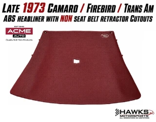 ABS headliner board
Part number: AFH21A-FBH5
Brand: Acme
Fits late 1973 Chevrolet Camaro applications
Fits late 1973 Pontiac Firebird and Trans Am applications
Dark Red foam-backed perforated vinyl material