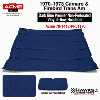 1970-1973 Camaro Firebird Trans Am Dark Blue Premier Non-Perforated Vinyl 5-Bow Headliner with Sun Visor Material Acme - 70-1413-PPL1170
This is found in standard interior equipped cars.