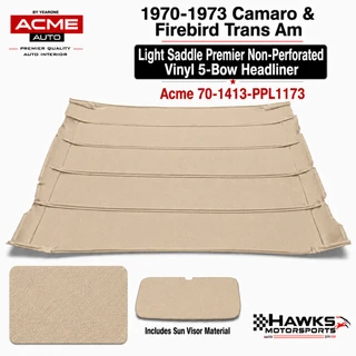 This is found in standard interior equipped cars.
 1970-1973 Camaro Firebird Trans Am Light Saddle / Buckskin Premier Non-Perforated Vinyl 5-Bow Headliner with Sun Visor Material Acme - 70-1413-PPL1173