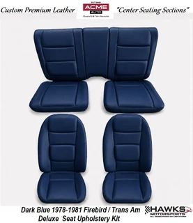 1978-1981 Pontiac Firebird Trans Am Deluxe Dark Blue Leather Seating Area with Matching Vinyl Sides and Back Front and Rear Seat Upholstery Set Acme - U377L-L318