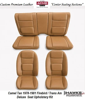 1978-1981 Pontiac Firebird Trans Am Deluxe Camel Tan Leather Seating Area with Matching Vinyl Sides and Back Front and Rear Seat Upholstery Set Acme - U377L-Y669