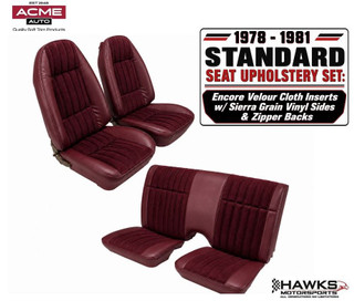1978-1981 Camaro Firebird Trans Am Maroon Encore Velour Cloth and Dark Red Sierra Grain Vinyl Front and Rear Seat Upholstery Set with Solid Rear Back Rest Acme - U380-N997