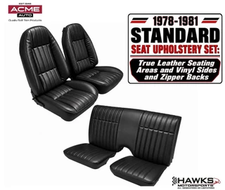 1978-1981 Camaro Firebird Trans Am Black Leather Seating Area with Matching Vinyl Sides and Back Front and Rear Seat Upholstery Set with Solid Rear Back Rest Acme - U380L-P667
