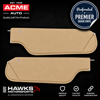 The set includes:

One driver-side sun visor
One passenger-side sun visor
Light Saddle/Buckskin perforated Premier Grain vinyl coverings
Factory-style stitched edges
Medium-density fiberboard inner structures
Heavy-duty zinc-plated steel visor pins
Original-style two-pin configuration
Correct tension-screw arrangement