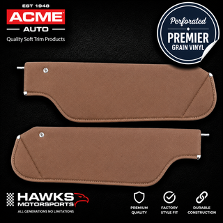 The set includes:

One driver-side sun visor
One passenger-side sun visor
Dark Saddle/Brown perforated Premier Grain vinyl coverings
Factory-style stitched edges
Medium-density fiberboard inner structures
Heavy-duty zinc-plated steel visor pins
Original-style two-pin configuration
Correct tension-screw arrangement