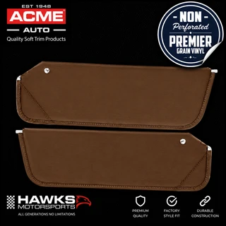 The set includes:
One driver-side sun visor
One passenger-side sun visor
Light Saddle/Buckskin non-perforated Premier Grain vinyl coverings
Factory-style stitched edges
Medium-density fiberboard inner structures
Heavy-duty zinc-plated steel visor pins
Original-style mounting configuration
Correct tension-screw arrangement