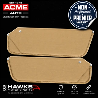 The set includes:
One driver-side sun visor
One passenger-side sun visor
Light Saddle/Buckskin non-perforated Premier Grain vinyl coverings
Factory-style stitched edges
Medium-density fiberboard inner structures
Heavy-duty zinc-plated steel visor pins
Original-style mounting configuration
Correct tension-screw arrangement