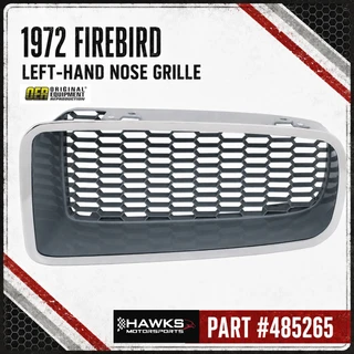 1972 Pontiac Firebird left-hand driver-side front nose grille with dark silver finish and chrome outer surround, OER part number 485265.