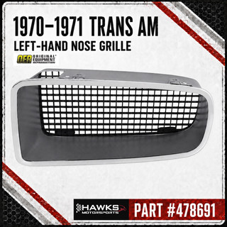1970-1971 Pontiac Trans Am left-hand driver-side front nose grille with black insert and chrome surround, OER part number 479691.