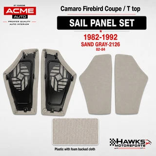 1982-1992 Camaro Firebird and Trans Am Sand Gray 2126 foam-backed cloth plastic rear sail-panel pair, Acme QP54C-2126