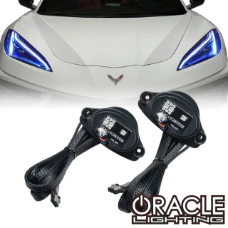 ORACLE ColorSHIFT RGB+A DRL upgrade for a 2020-2026 Chevrolet C8 Corvette, part number 1442-335 Chevrolet C8 Corvette with ORACLE ColorSHIFT RGB+A DRLs installed in the factory headlight assemblies ORACLE ColorSHIFT replacement DRL circuit board for Chevrolet C8 Corvette ORACLE BC2 Bluetooth controller included with the C8 Corvette ColorSHIFT DRL upgrade